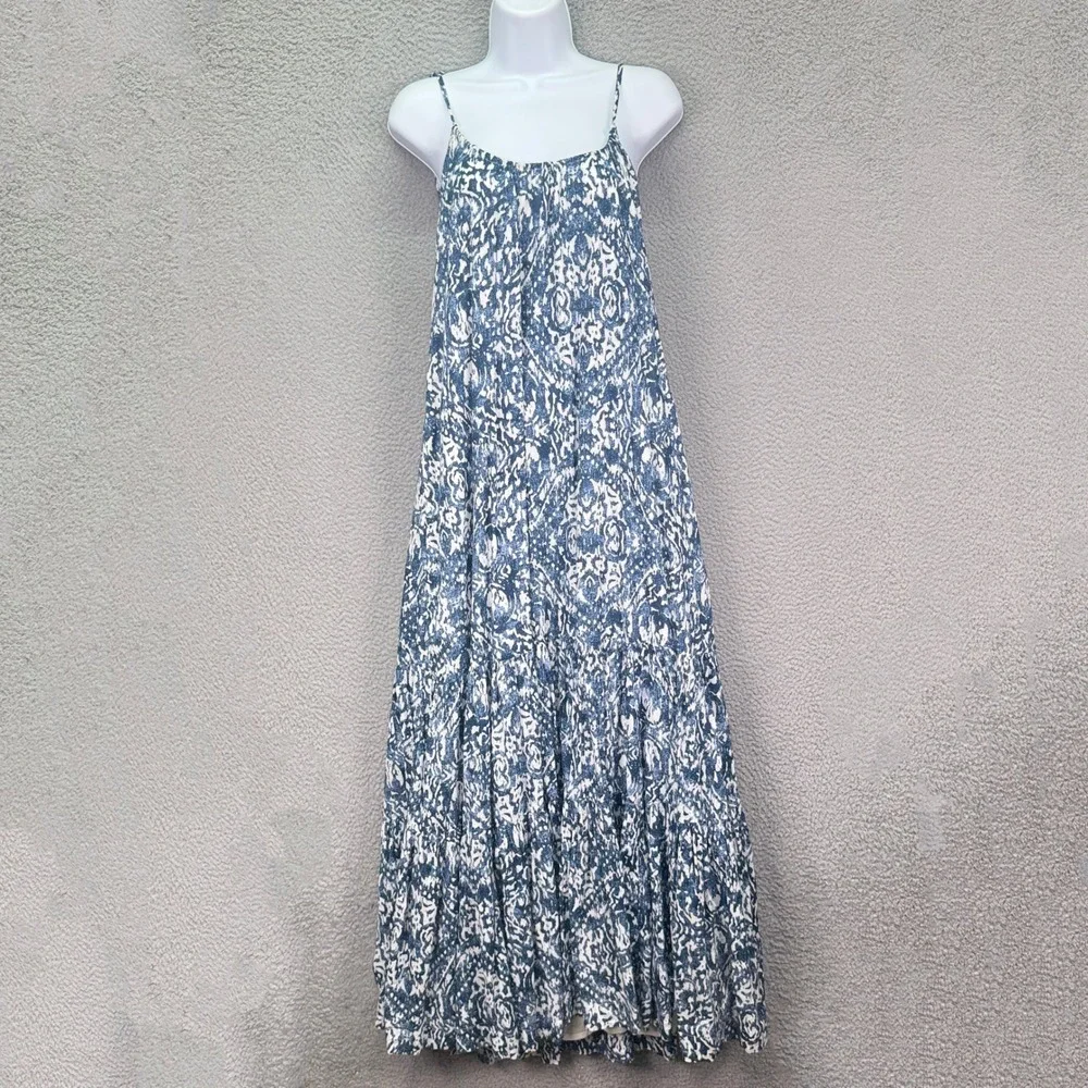 Abercrombie Dress Womens L Blue White Batik Tiered Maxi Tie Strap Boho Beach